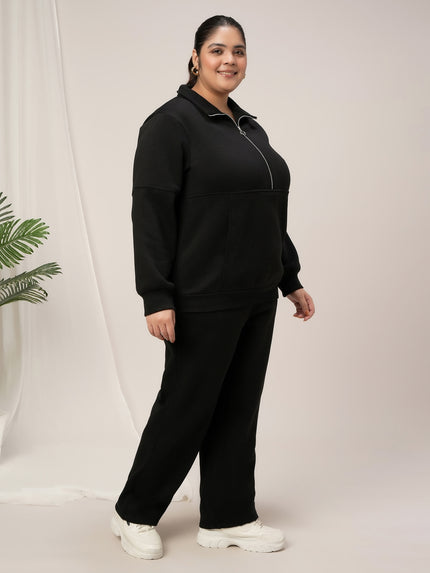 Women Plus Size Fleece Warm Co-Ord Set- Black