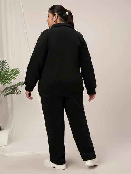 Women Plus Size Fleece Warm Co-Ord Set- Black