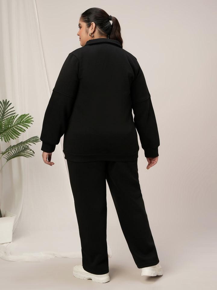 Women Plus Size Fleece Warm Co-Ord Set- Black