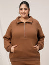 Women Plus Size Fleece Sweatshirt With Zipper- Brown