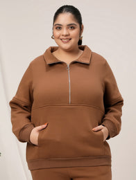 Women Plus Size Fleece Sweatshirt With Zipper- Brown
