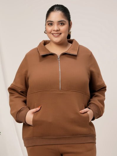 Women Plus Size Fleece Sweatshirt With Zipper- Brown