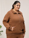 Women Plus Size Fleece Sweatshirt With Zipper- Brown