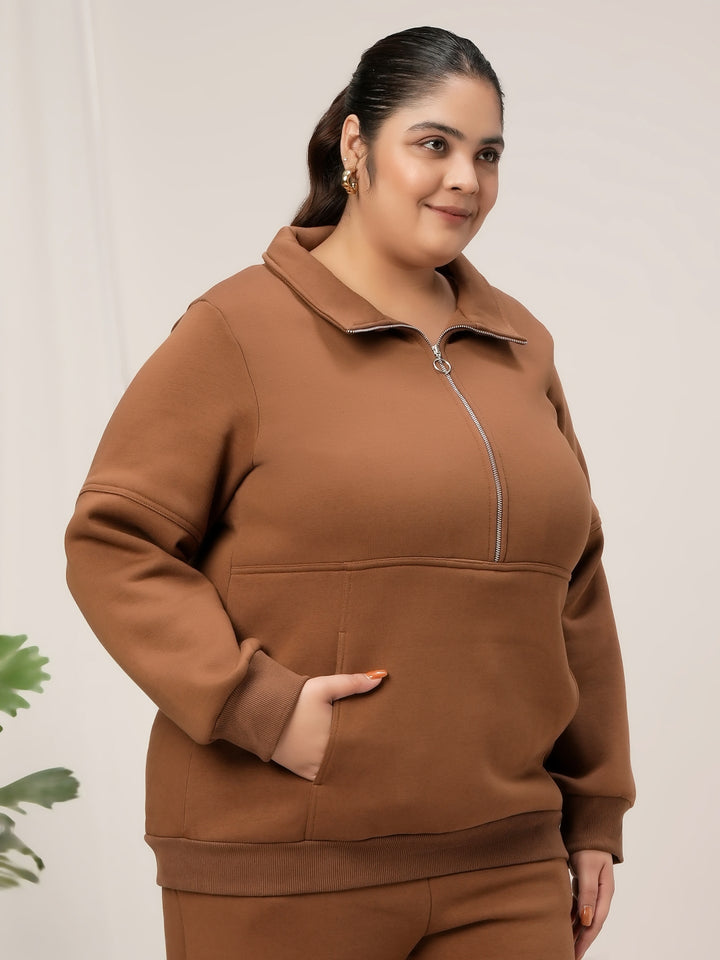 Women Plus Size Fleece Sweatshirt With Zipper- Brown