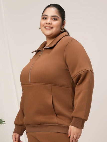 Women Plus Size Fleece Sweatshirt With Zipper- Brown