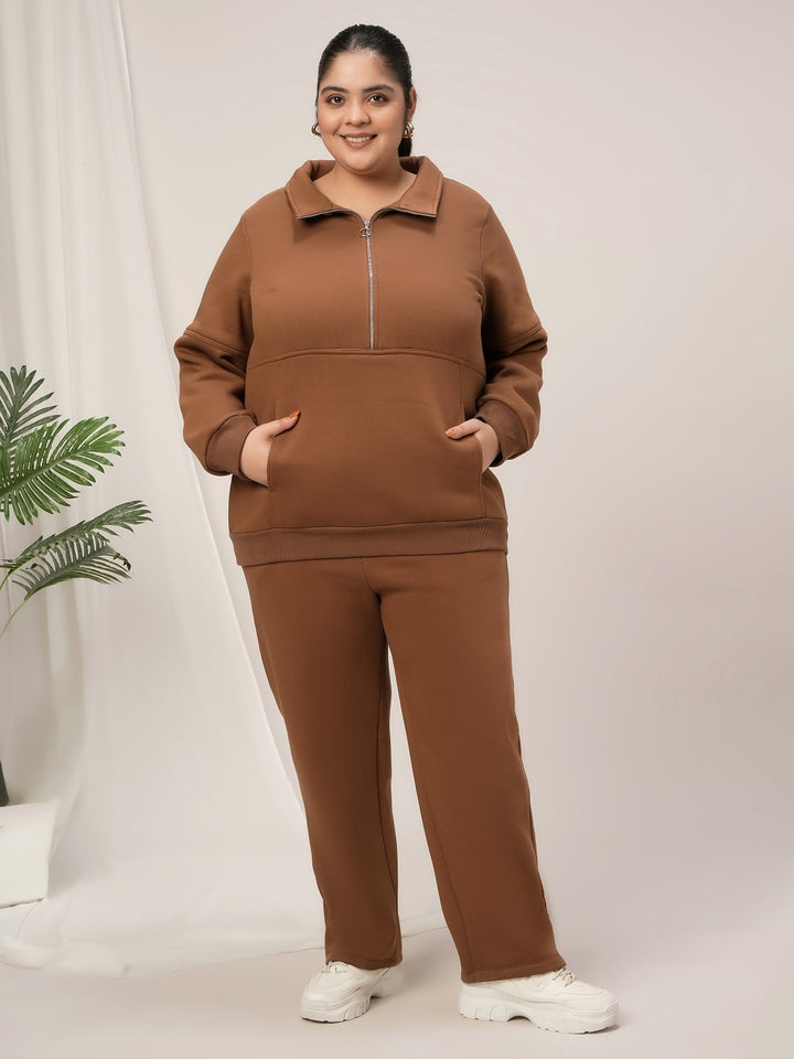Women Plus Size Fleece Warm Co-Ord Set- Brown