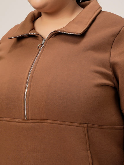 Women Plus Size Fleece Sweatshirt With Zipper- Brown