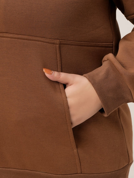 Women Plus Size Fleece Sweatshirt With Zipper- Brown