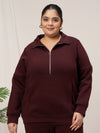 Women Plus Size Fleece Sweatshirt With Zipper- Maroon