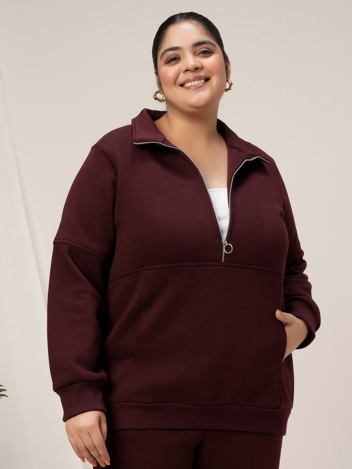 Women Plus Size Fleece Sweatshirt With Zipper- Maroon