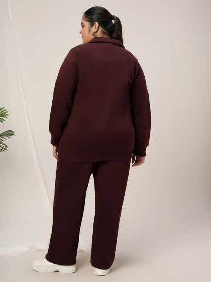 Women Plus Size Fleece Warm Co-Ord Set- Maroon