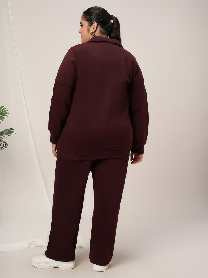 Women Plus Size Fleece Warm Co-Ord Set- Maroon
