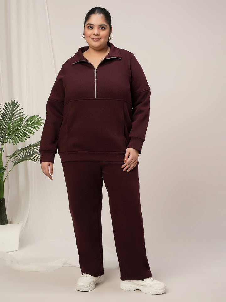 Women Plus Size Fleece Warm Co-Ord Set- Maroon