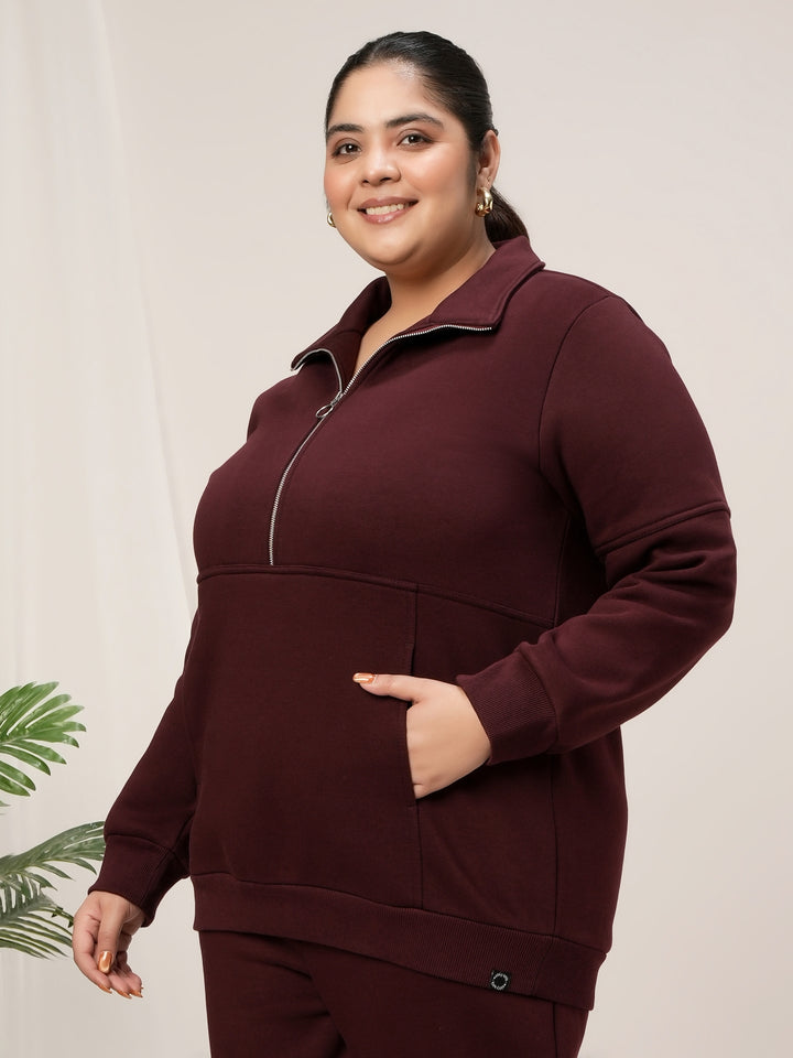 Women Plus Size Fleece Sweatshirt With Zipper- Maroon