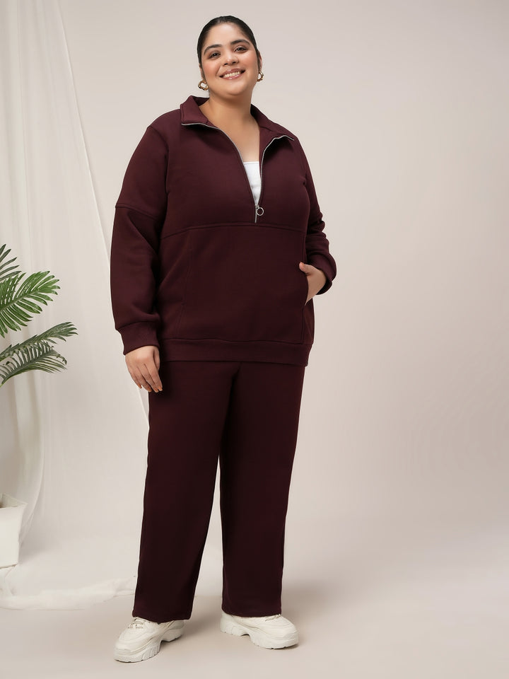Women Plus Size Fleece Warm Co-Ord Set- Maroon