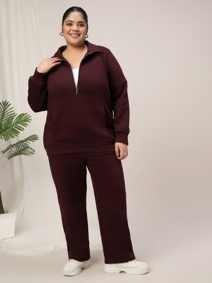 Women Plus Size Fleece Warm Co-Ord Set- Maroon