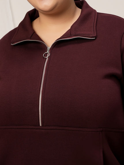 Women Plus Size Fleece Sweatshirt With Zipper- Maroon