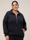 Women Plus Size Fleece Sweatshirt With Zipper- Navy Blue