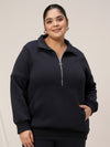 Women Plus Size Fleece Sweatshirt With Zipper- Navy Blue