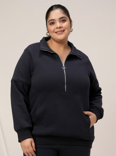 Women Plus Size Fleece Sweatshirt With Zipper- Navy Blue