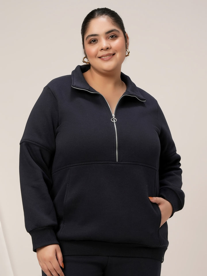 Women Plus Size Fleece Warm Co-Ord Set- Navy Blue