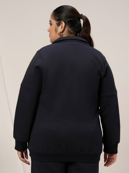 Women Plus Size Fleece Sweatshirt With Zipper- Navy Blue