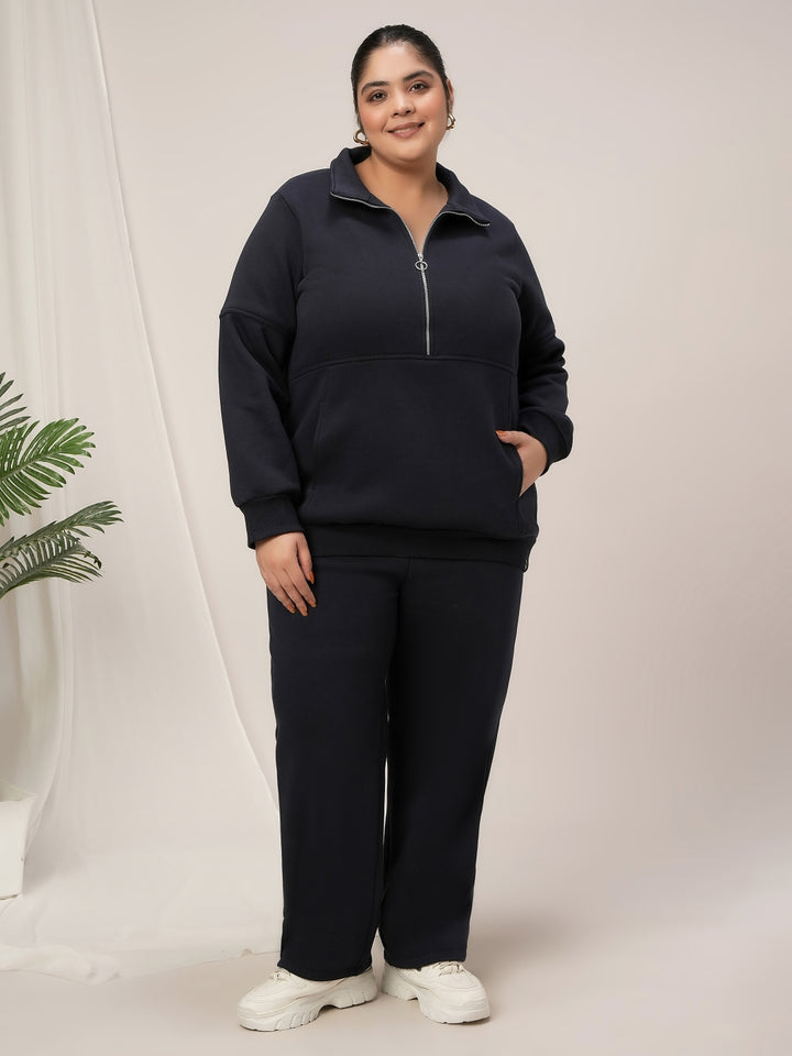 Women Plus Size Fleece Sweatshirt With Zipper- Navy Blue
