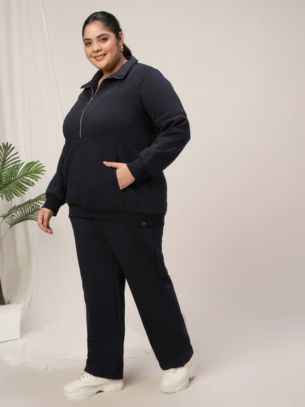 Women Plus Size Fleece Warm Co-Ord Set- Navy Blue
