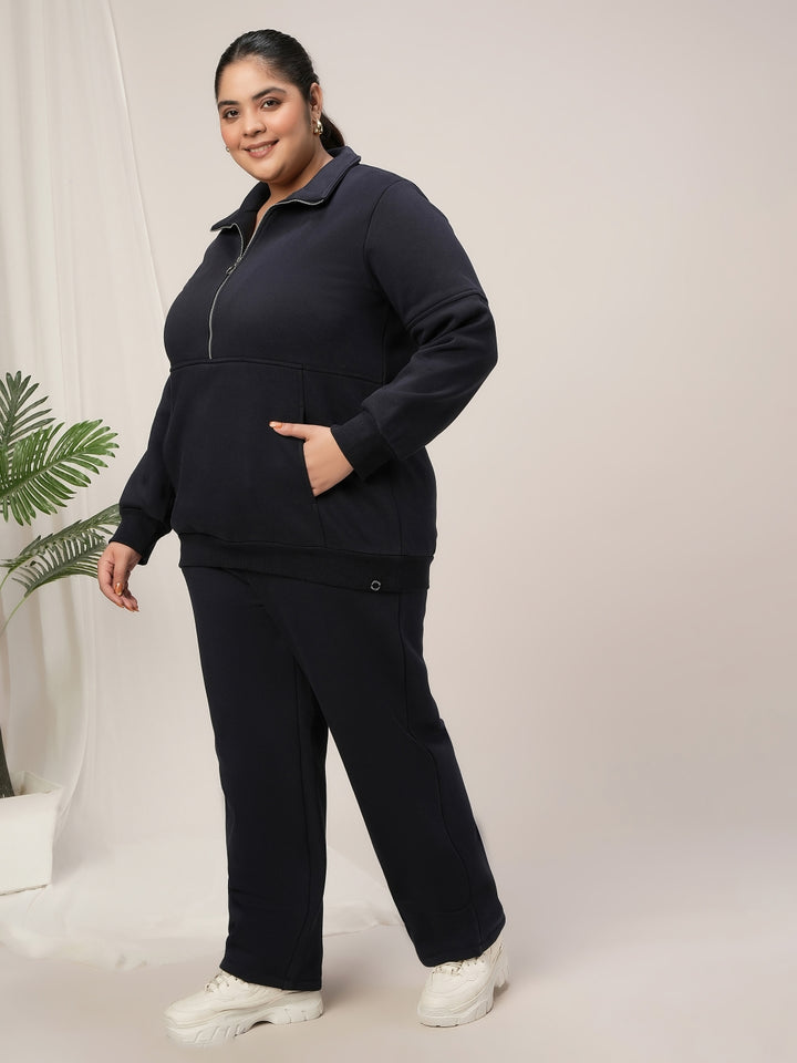 Women Plus Size Fleece Warm Co-Ord Set- Navy Blue