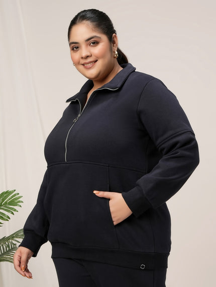 Women Plus Size Fleece Sweatshirt With Zipper- Navy Blue