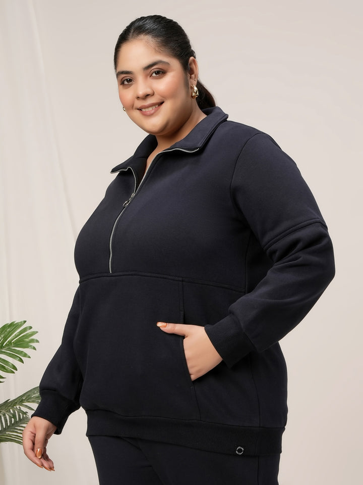 Women Plus Size Fleece Sweatshirt With Zipper- Navy Blue