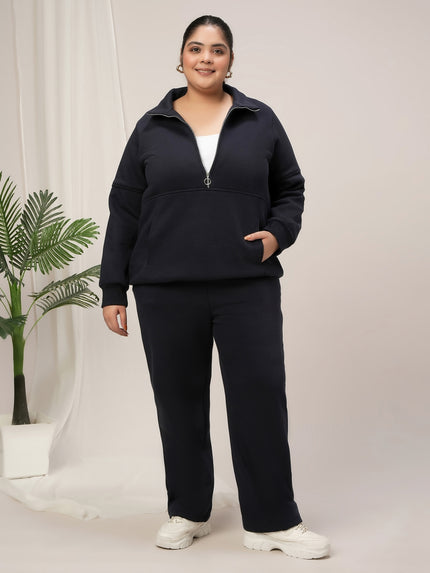 Women Plus Size Fleece Warm Co-Ord Set- Navy Blue