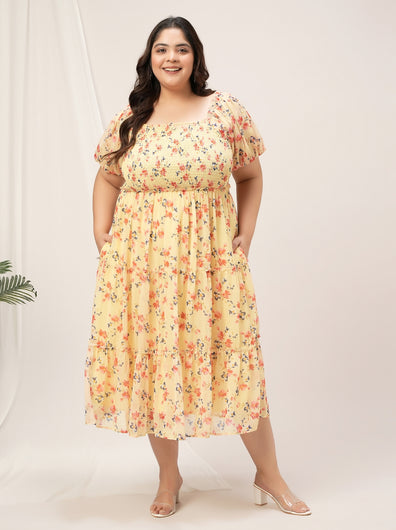 Women Plus Size Yellow Floral Dress