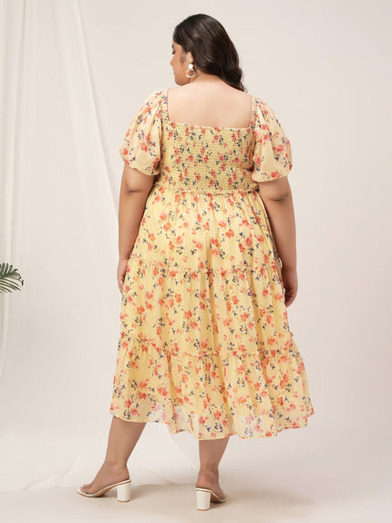 Women Plus Size Yellow Floral Dress
