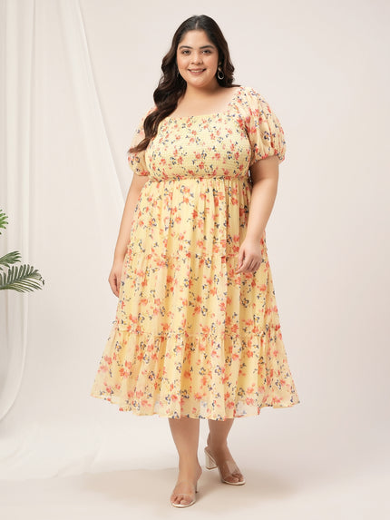 Women Plus Size Yellow Floral Dress
