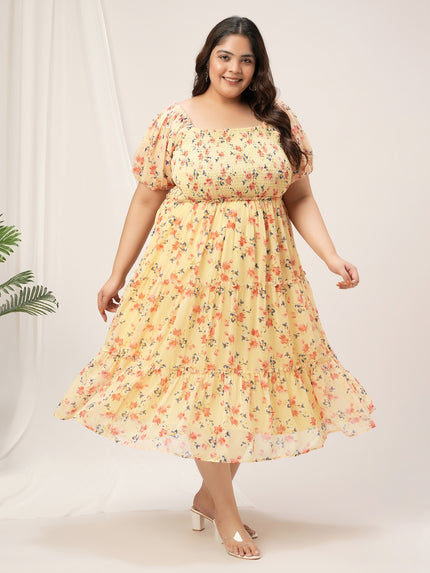 Women Plus Size Yellow Floral Dress