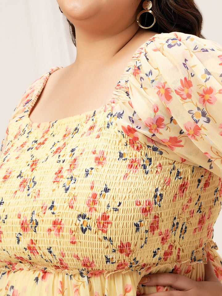 Women Plus Size Yellow Floral Dress
