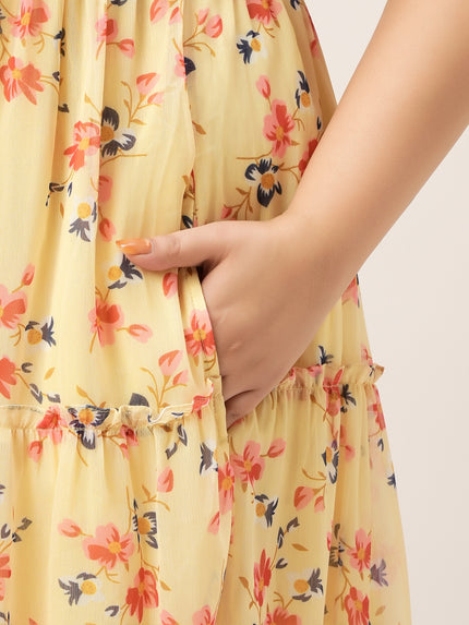 Women Plus Size Yellow Floral Dress