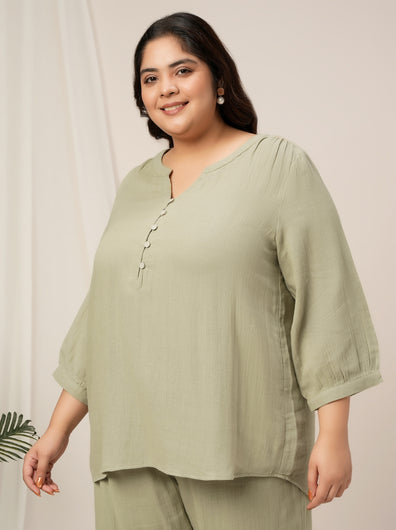 Womens Plus Size Cotton Tunic Top- Light Green