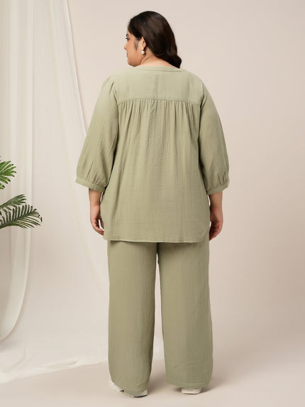 Women Plus Size Cotton Co-Ord Set- Light Green