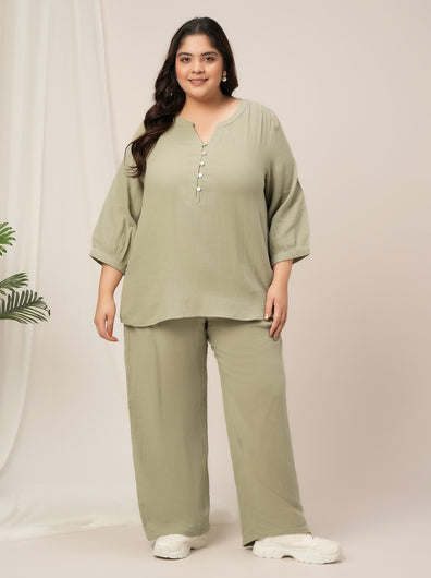 Women Plus Size Cotton Co-Ord Set- Light Green