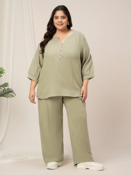 Women Plus Size Cotton Wide-Leg Lounge Pants- Light Green