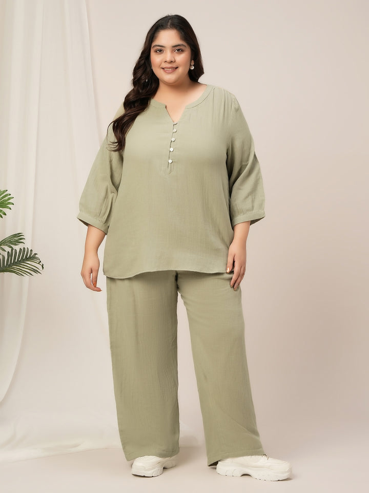 Women Plus Size Cotton Wide-Leg Lounge Pants- Light Green