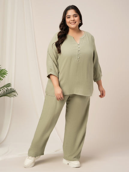 Women Plus Size Cotton Co-Ord Set- Light Green