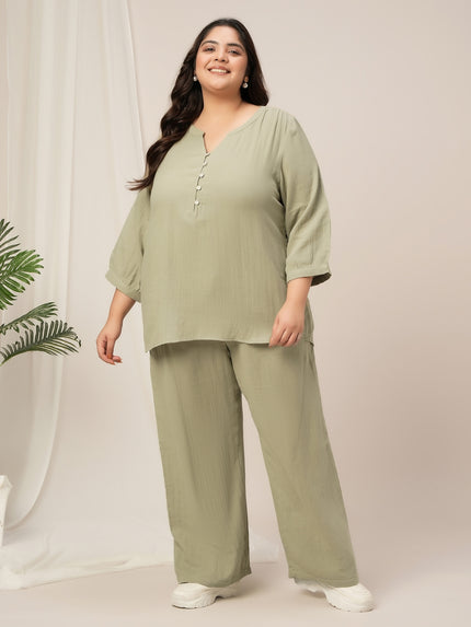 Women Plus Size Cotton Co-Ord Set- Light Green