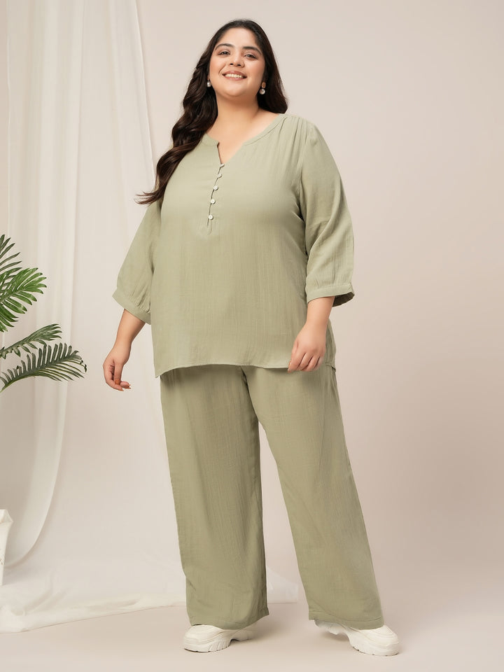 Women Plus Size Cotton Co-Ord Set- Light Green