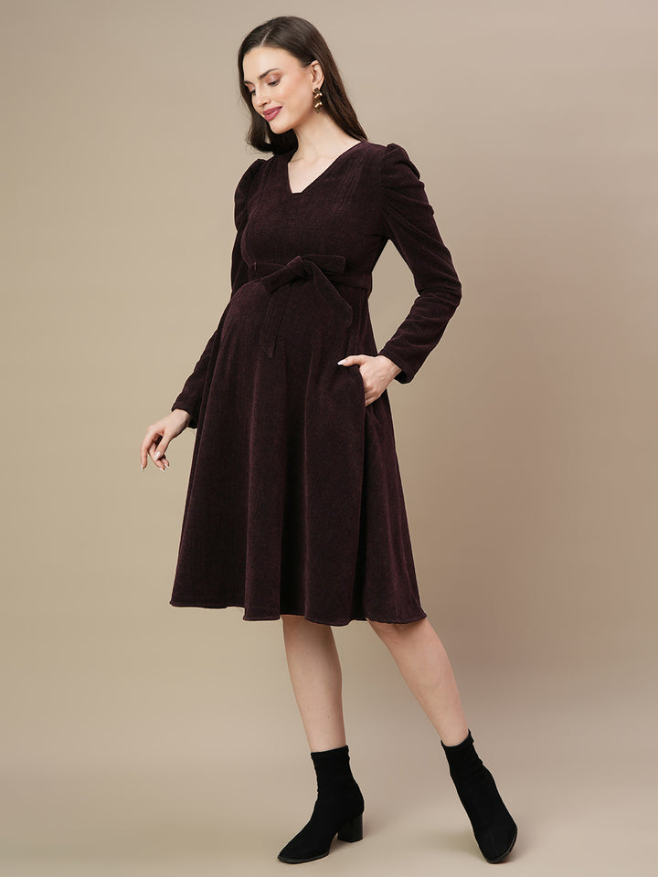 Woolen Maternity Midi Dress with Belt