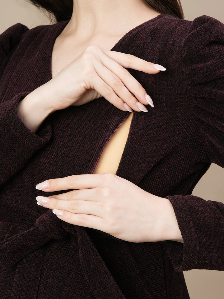 Woolen Maternity Midi Dress with Belt