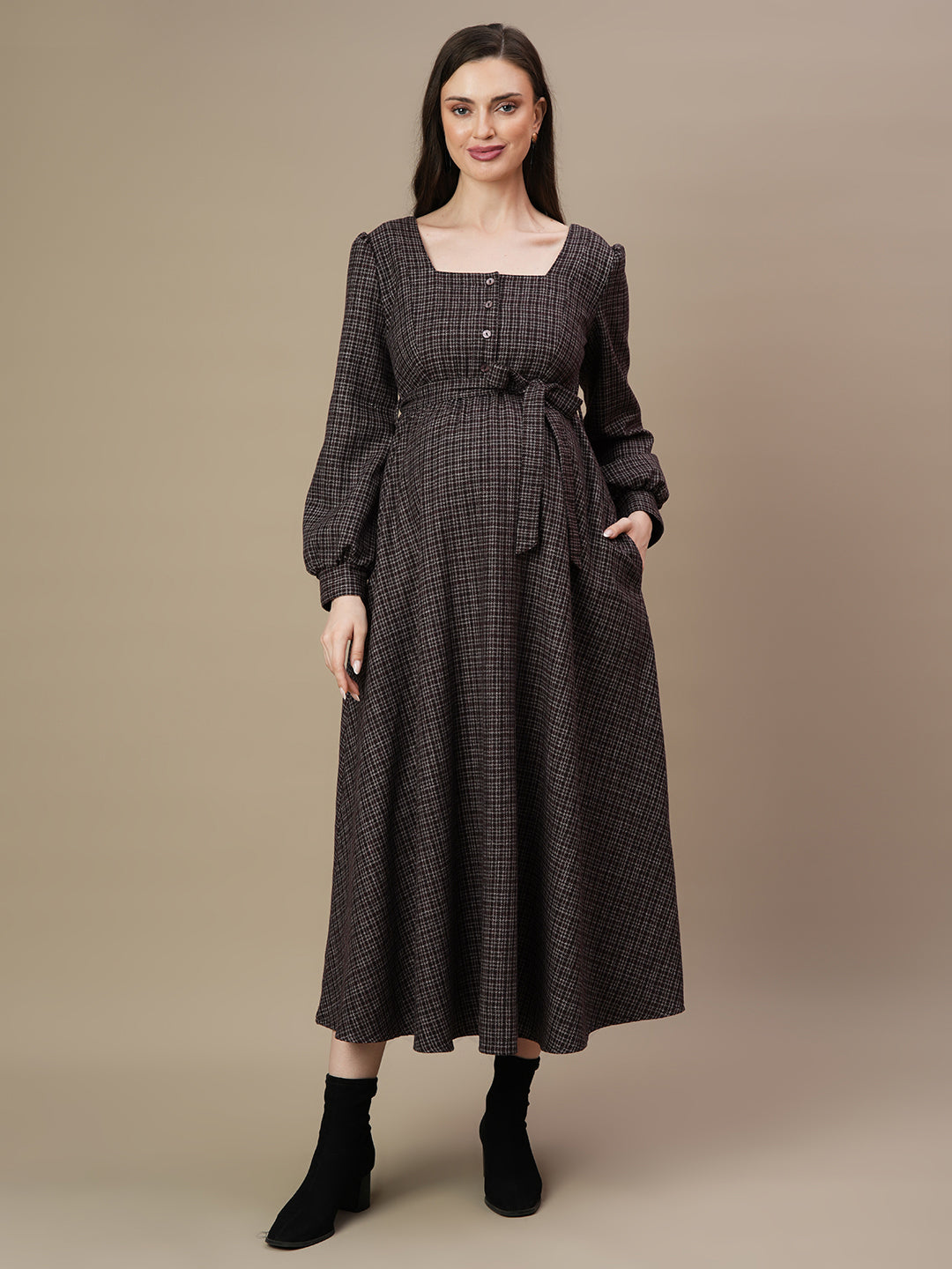 Woolen Maternity Balloon Sleeve Dress Tan XS - Main Image