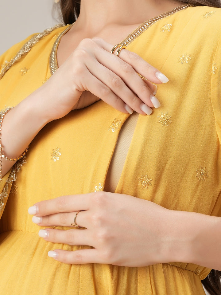 Yellow Embroidered Maternity Kalidaar Kurta with Dupatta Set